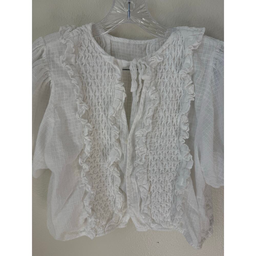 Innika Choo Smocked Ruffle Puff Sleeve Cutout Button Up Peasant Top - Picture 7 of 8